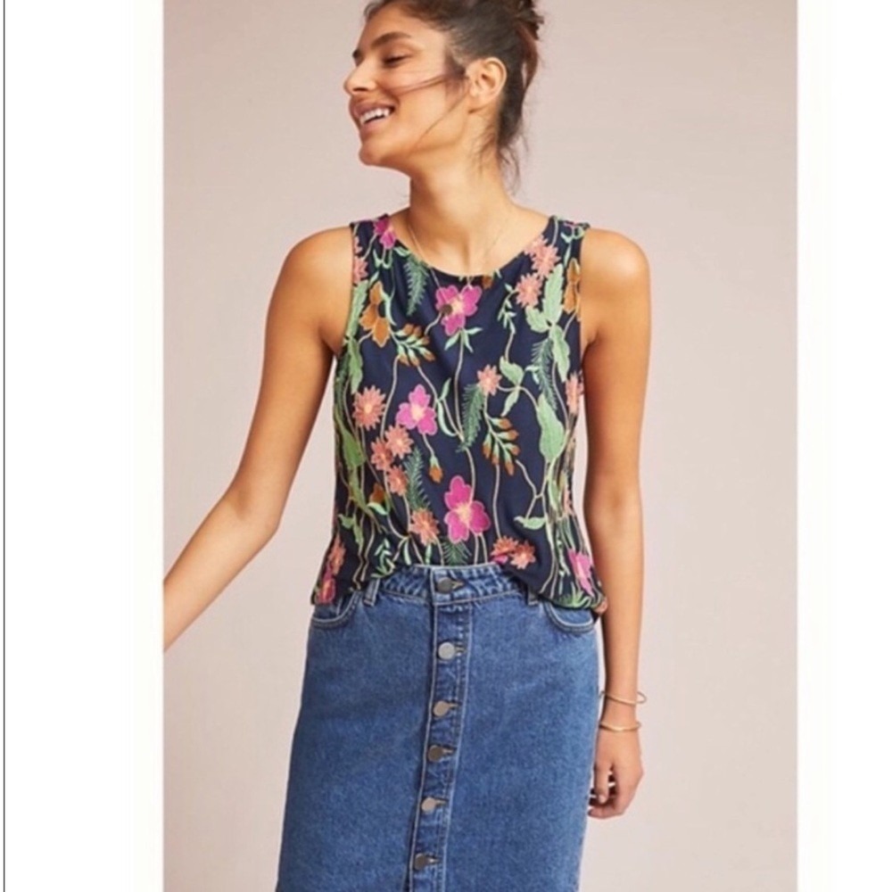 Meadow Rue Anthropologie Tank Top Womens XS Navy Floral Embroidered Excellent